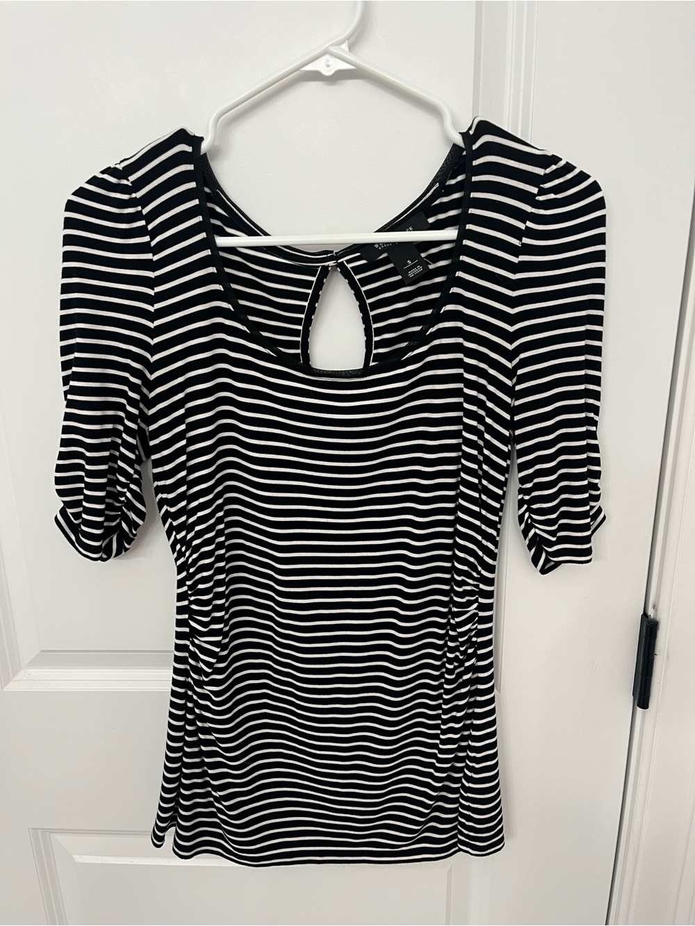 White House Black Market Black & White Striped Scoop Neck Tee with Keyhole back
